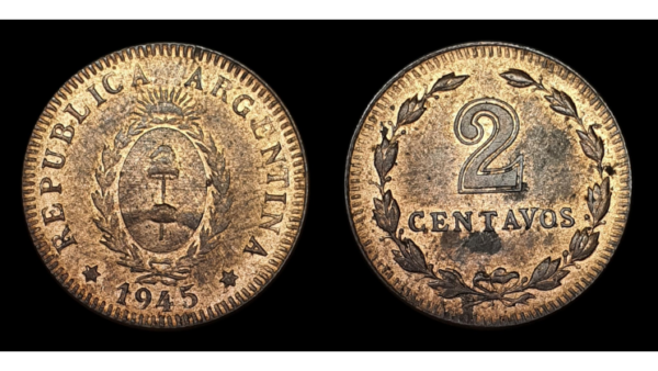 396 ARGENTINA - SERIE COBRES - 2 CENTAVOS 1945 SERIE COBRES, Cu 2 Centavos 1945