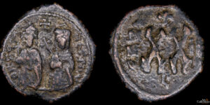 FOCAS y LEONCIA 602-610d.C., AE 1/2 Follis, Teúpolis