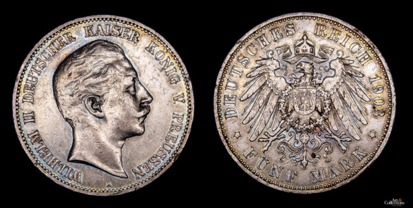 REINO DE PRUSIA, GUILLERMO II 1888-1918d.C., AR 5 Marks, Berlín