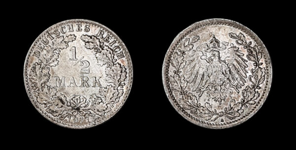 ALEMANIA IMPERIAL, GUILLERMO II 1888-1918d.C., AR 1/2 Mark, Berlín