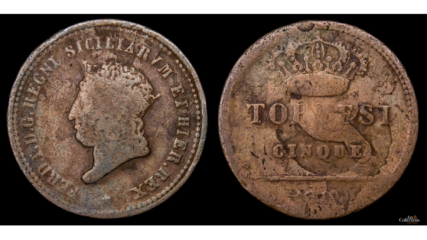 NAPOLES, FERNANDO I de las 2 Sicilias 1816-1825d.C., Cu 5 Tornesi