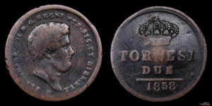 NAPOLES, FERNANDO II de las 2 Sicilias 1830-1859d.C., Cu 2 Tornesi