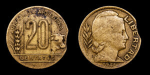 SERIE TORITOS - ERRORES, AL-AE 20 Centavos 1945 