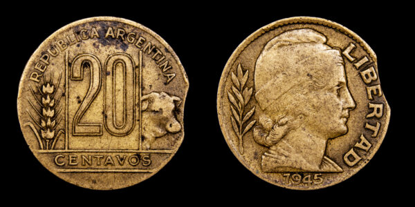 SERIE TORITOS - ERRORES, AL-AE 20 Centavos 1945 