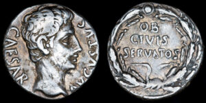 AUGUSTO 27a.C.-14d.C. AR Denario, OB CIVIS SERVATOS; Ric I #77a